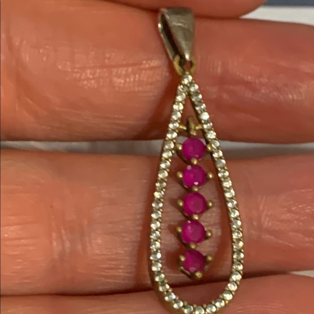 Elegant Gold Vermeil and Ruby Teardrop Diamanté Pendant mixed metal silver bail - Picture 12 of 12
